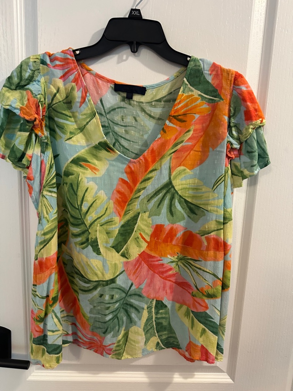 Rachel Tropical Leaf Print V-Neck Top in Light Blue, Green & Orange